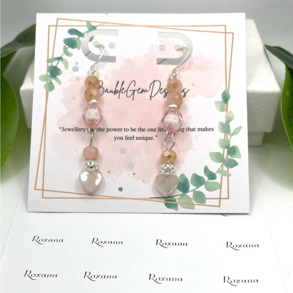Unique Dainty Dangle Earrings - Rose Quartz Hearts, Crystal beads - Picture 1 of 7